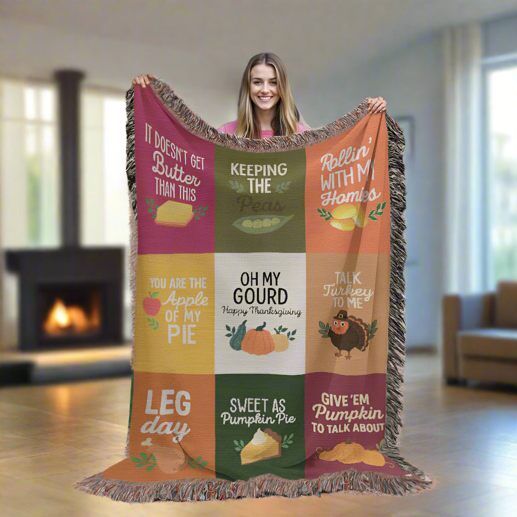 Gift for Thanksgiving — "Keeping the Peas" Cozy and Humorous Woven Blanket