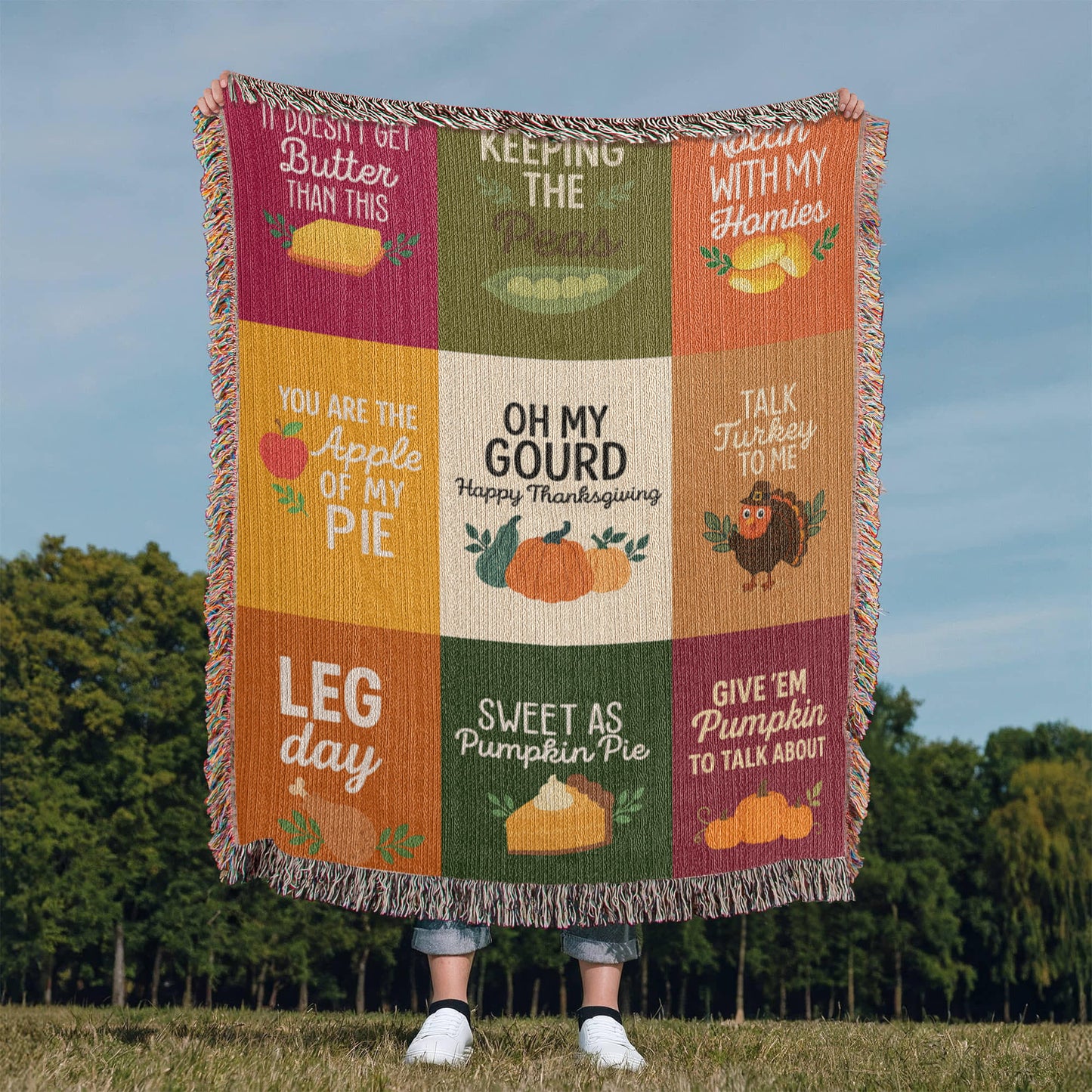 Gift for Thanksgiving — "Keeping the Peas" Cozy and Humorous Woven Blanket