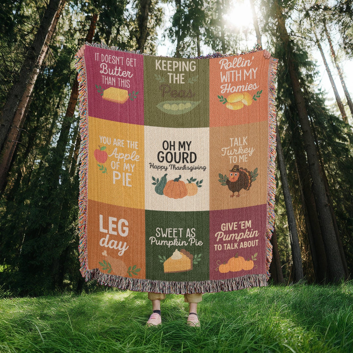 Gift for Thanksgiving — "Keeping the Peas" Cozy and Humorous Woven Blanket