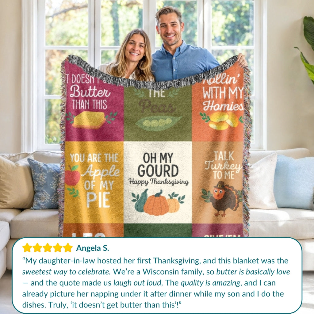 Gift for Thanksgiving — "Keeping the Peas" Cozy and Humorous Woven Blanket